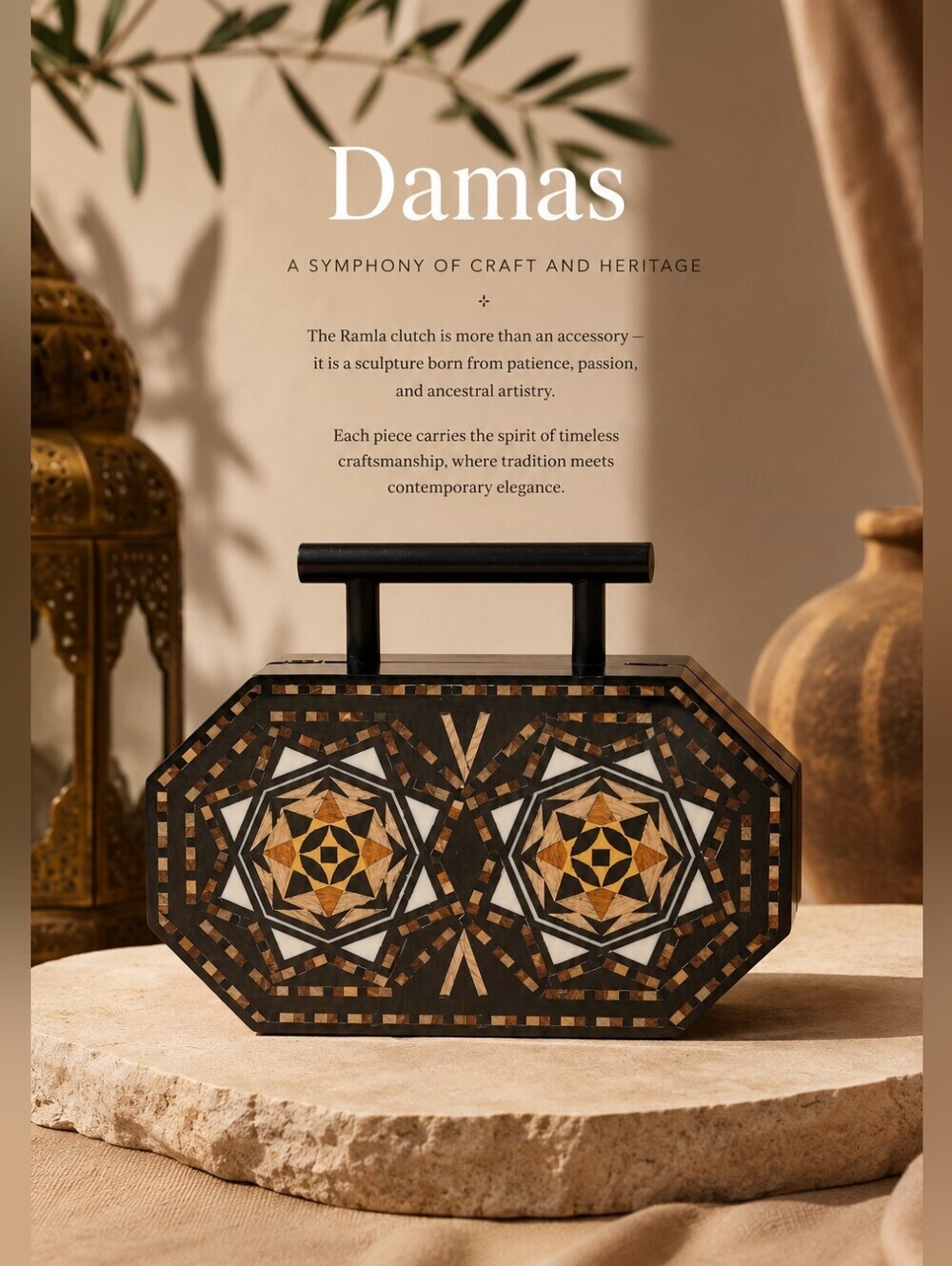 NWT RAMLA Damas Handmade Wood Inlay Clutch Bag